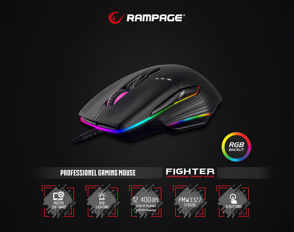 Rampage Smx-R19 Fighter 12400dpi Rgb Profesyonel Makro Gaming Oyuncu Mouse